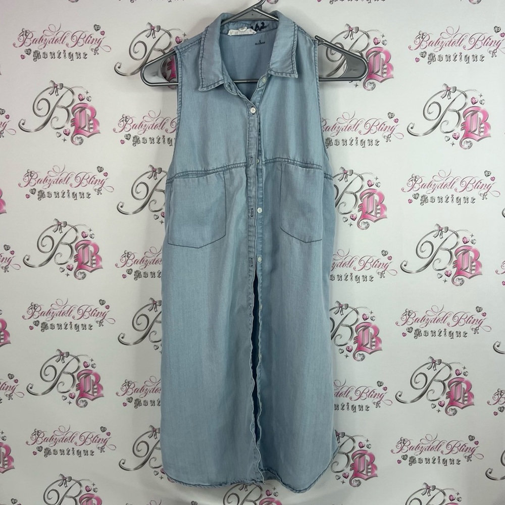 BB Dakota Dress tank top button up Light white Blue Sleeveless Denim collar